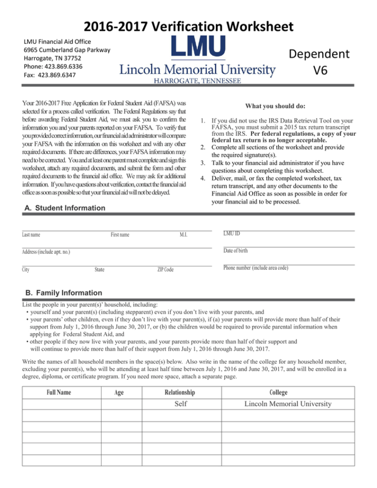 20162017 Verification Worksheet