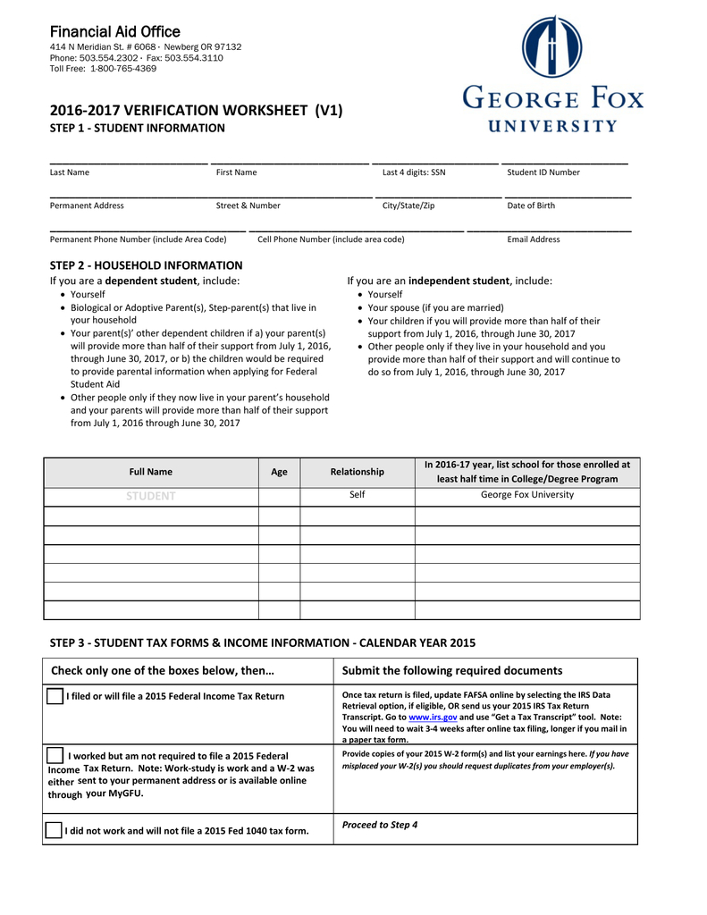 20162017 Verification Worksheet V1 Financial Aid Office