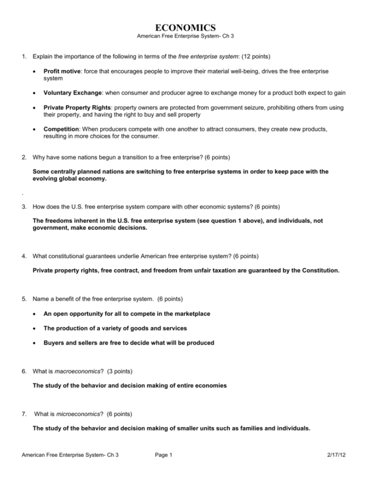 Economic Systems Worksheet Answer Key