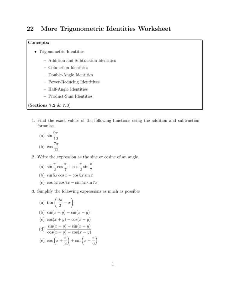 22 More Trigonometric Identities Worksheet