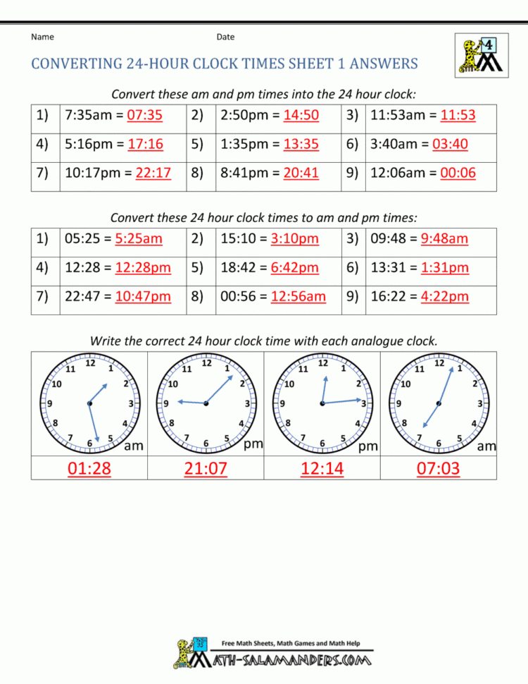24 Hour Clock Conversion Worksheets