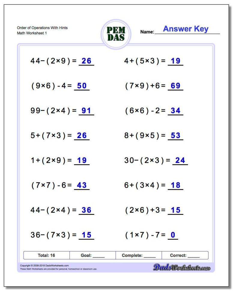 Pemdas Problems With Answers