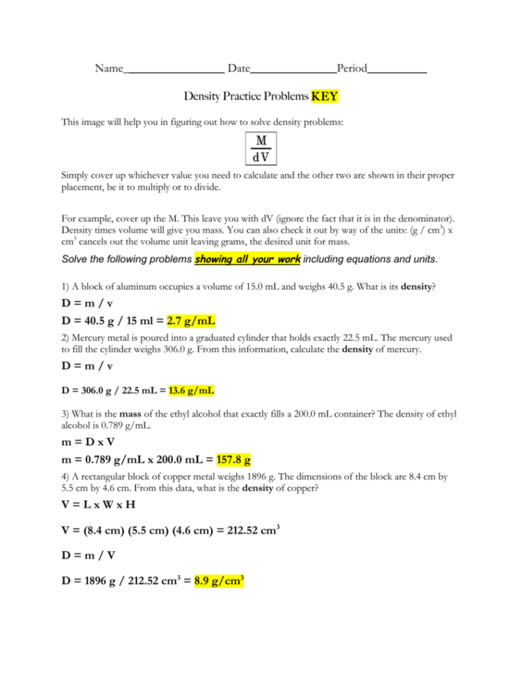 25 Density Practice Problems Answers