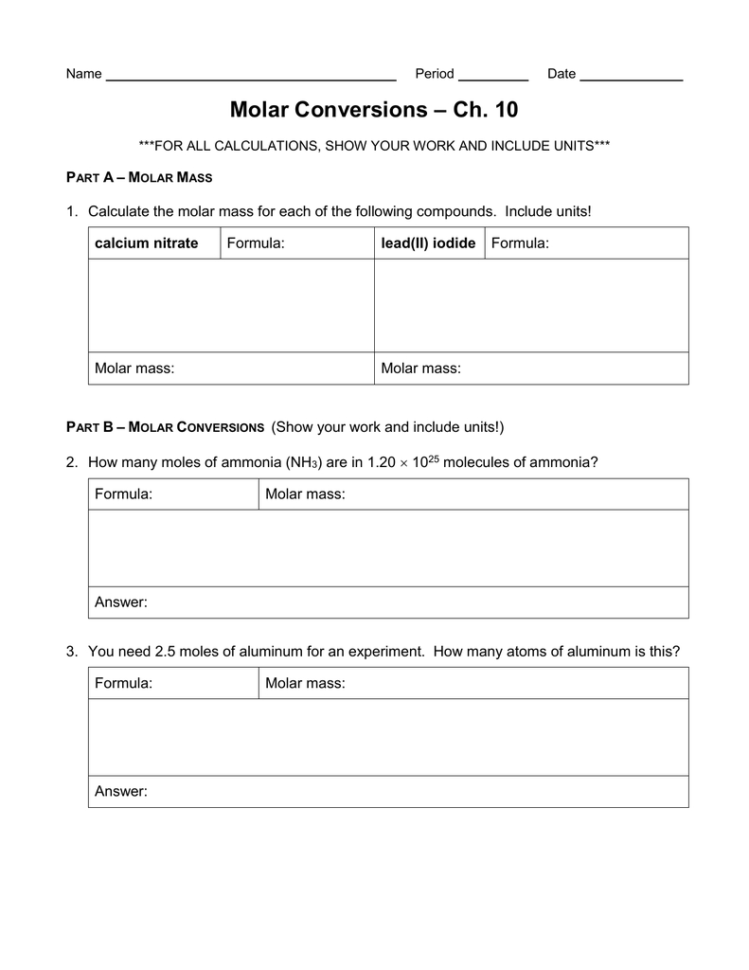 28  Molar Mass Worksheet  Molar Mass Practice Molar Mass