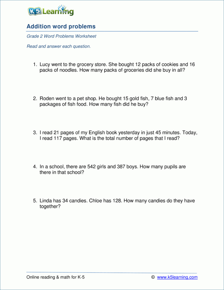 2Nd Grade Math Word Problem Worksheets  Free And Printable