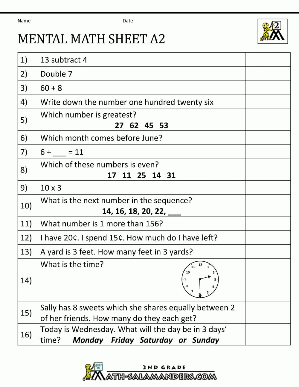 Class 2 Mental Math Worksheet With Answers Pdf
