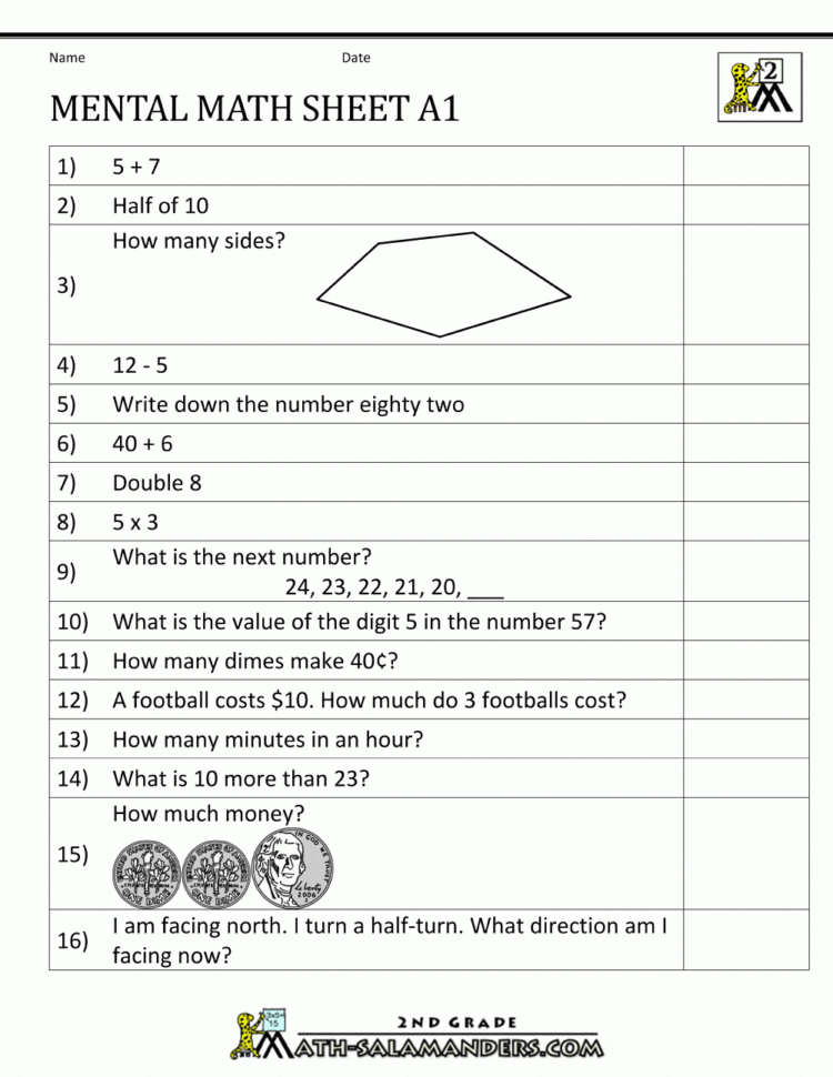 2Nd Grade Mental Math Worksheets
