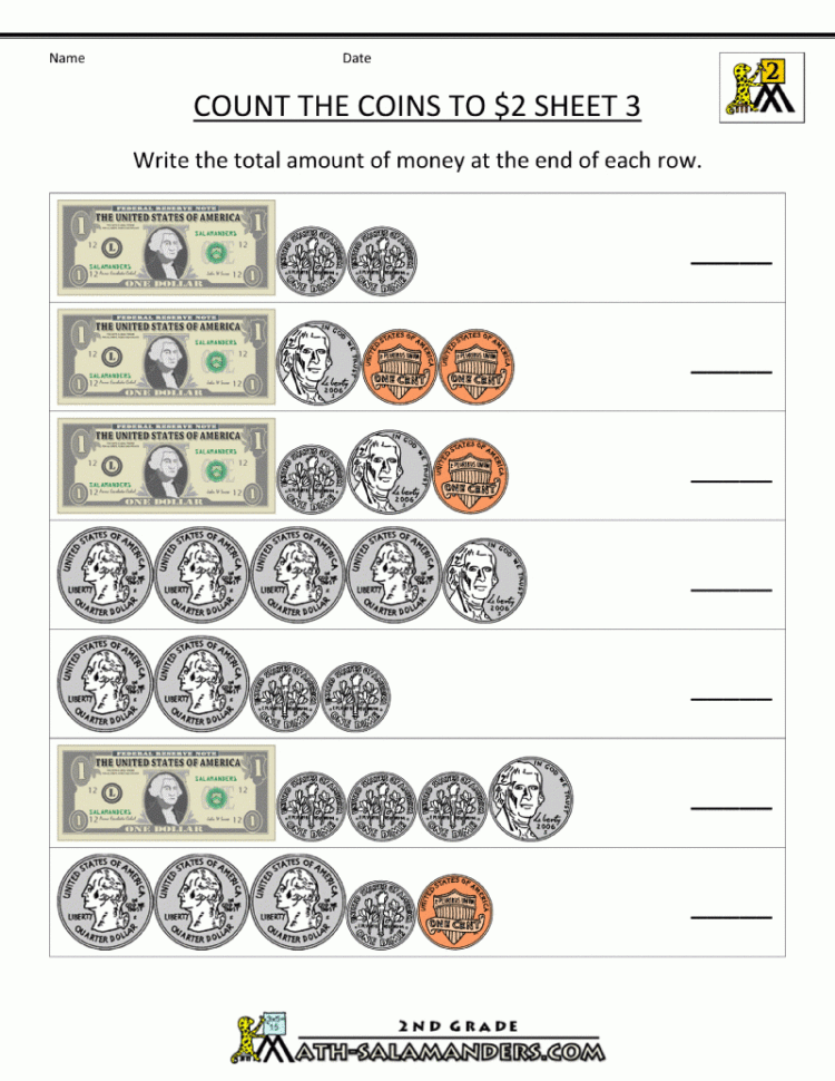 2Nd Grade Money Worksheets Up To 2