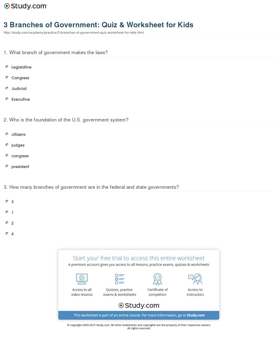 3 Branches Of Ernment Quiz  Worksheet For Kids  Study