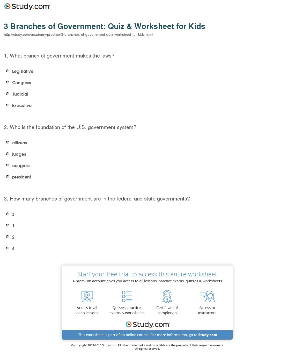 3 Branches Of Ernment Quiz  Worksheet For Kids  Study