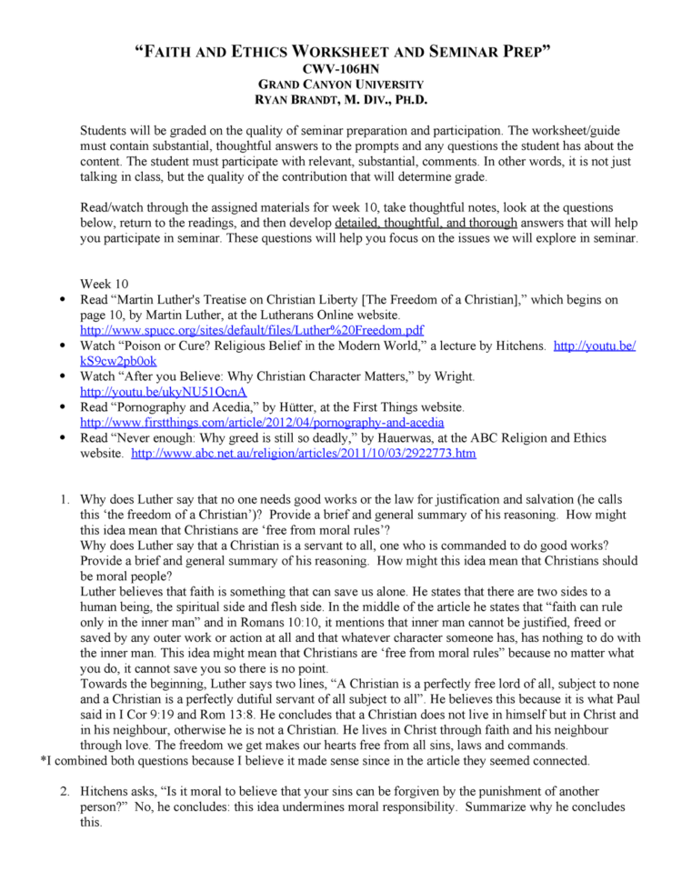 3 Faith And Ethics Worksheet And Seminar Prep  Cwv106Hn Christian