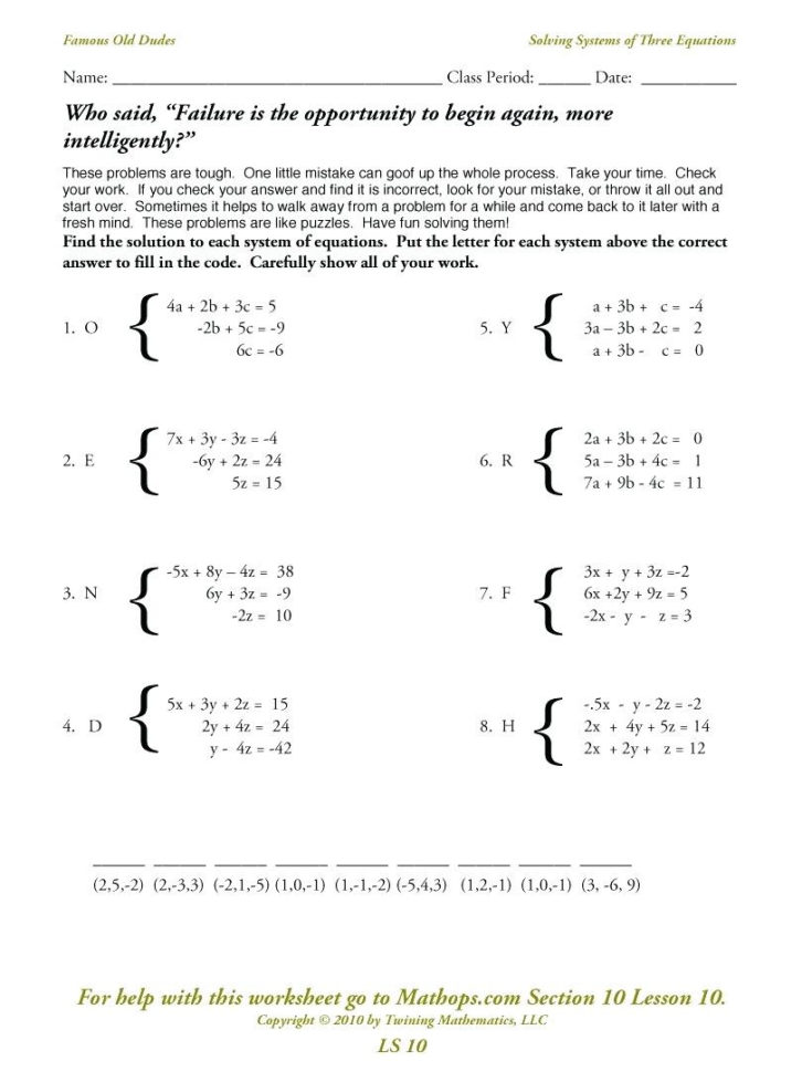 3 Variable Equations Math Systems Of Linear Equations In