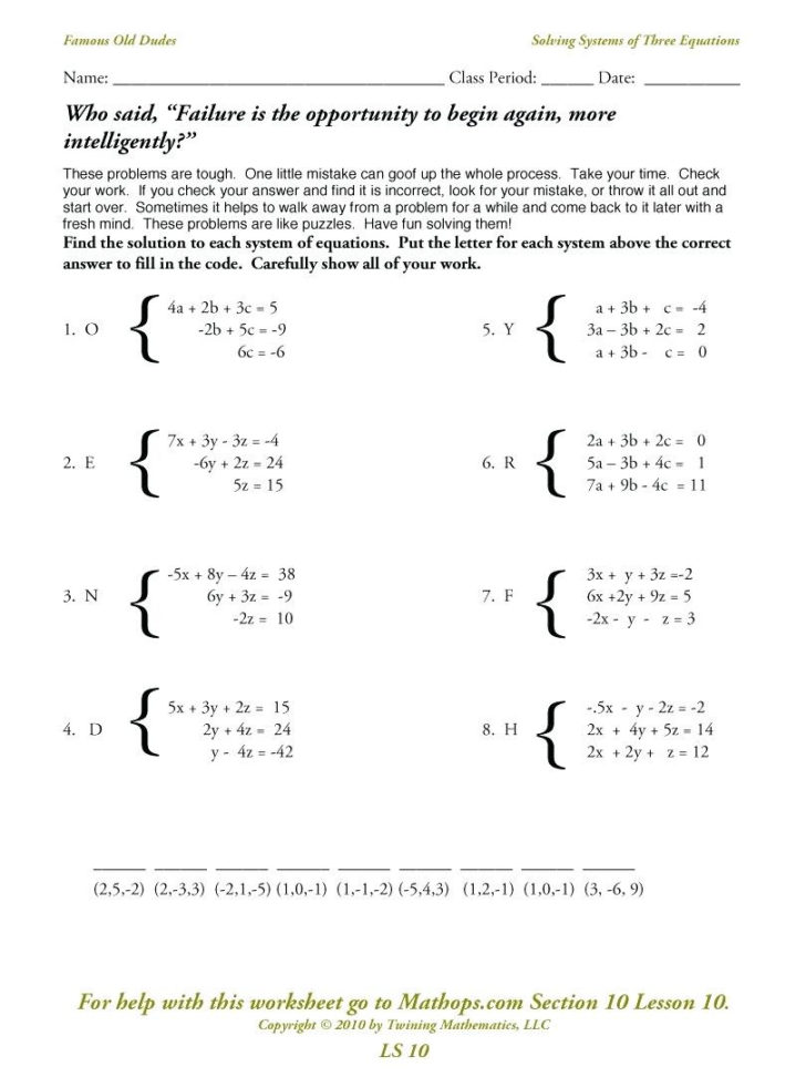 Systems Of Linear Equations Worksheet