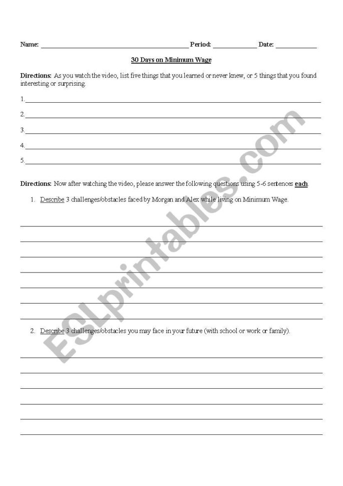 30 Days  Minimum Ge  Movie Guide Sheet  Esl Worksheet