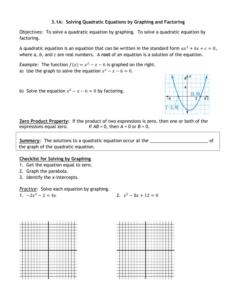 solving quadratic equations by graphing worksheet