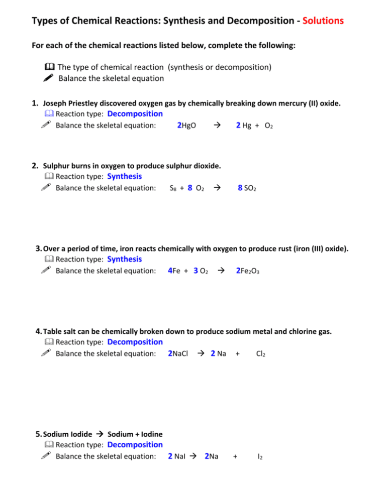 Synthesis Reaction Worksheet — db-excel.com