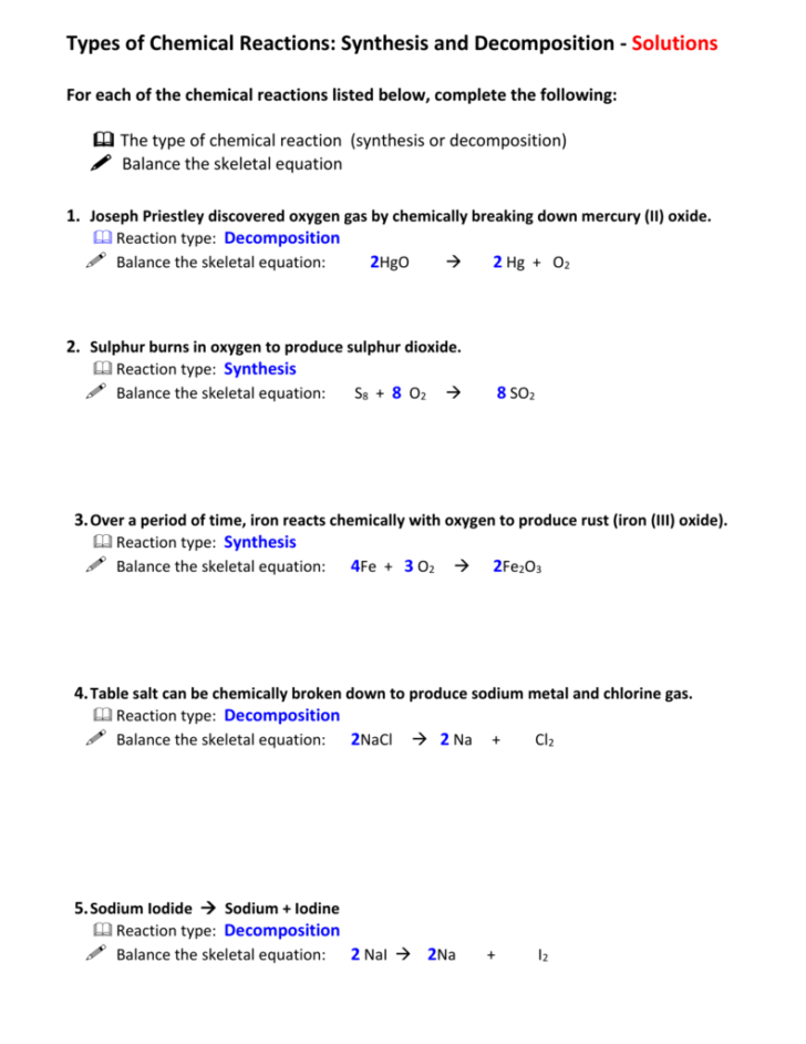 Synthesis And Decomposition Reactions Worksheets