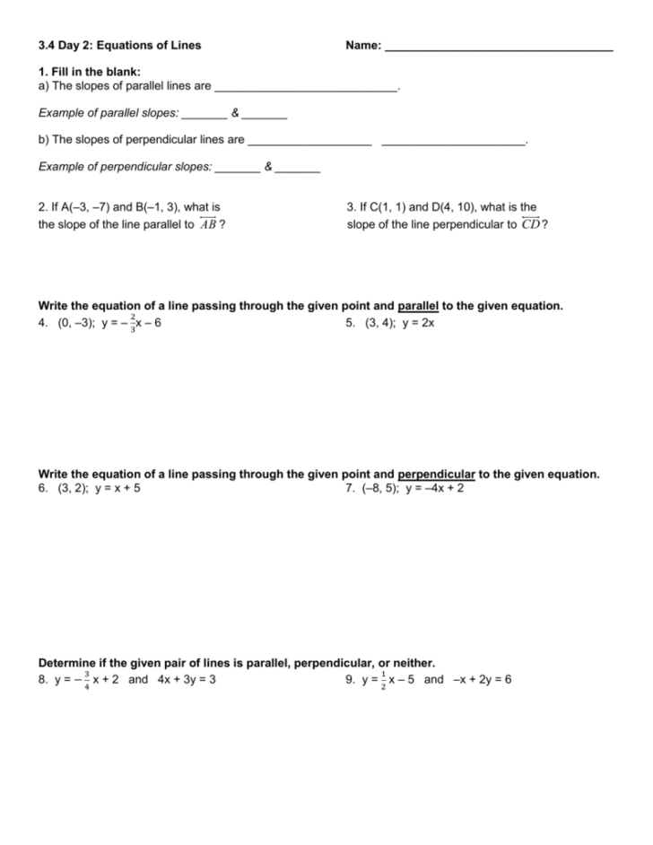 Writing Equations Of Parallel And Perpendicular Lines Worksheet Answers
