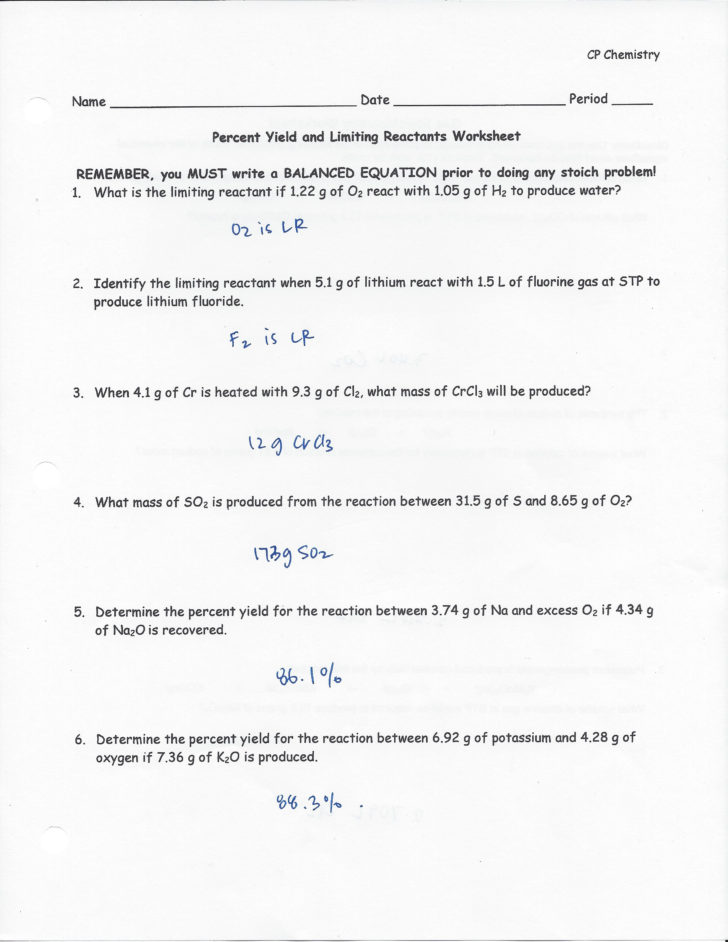 Limiting Reactants Chem Worksheet 12 3