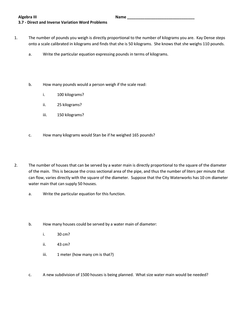 Inverse Variation Word Problems Worksheet With Answers Pdf