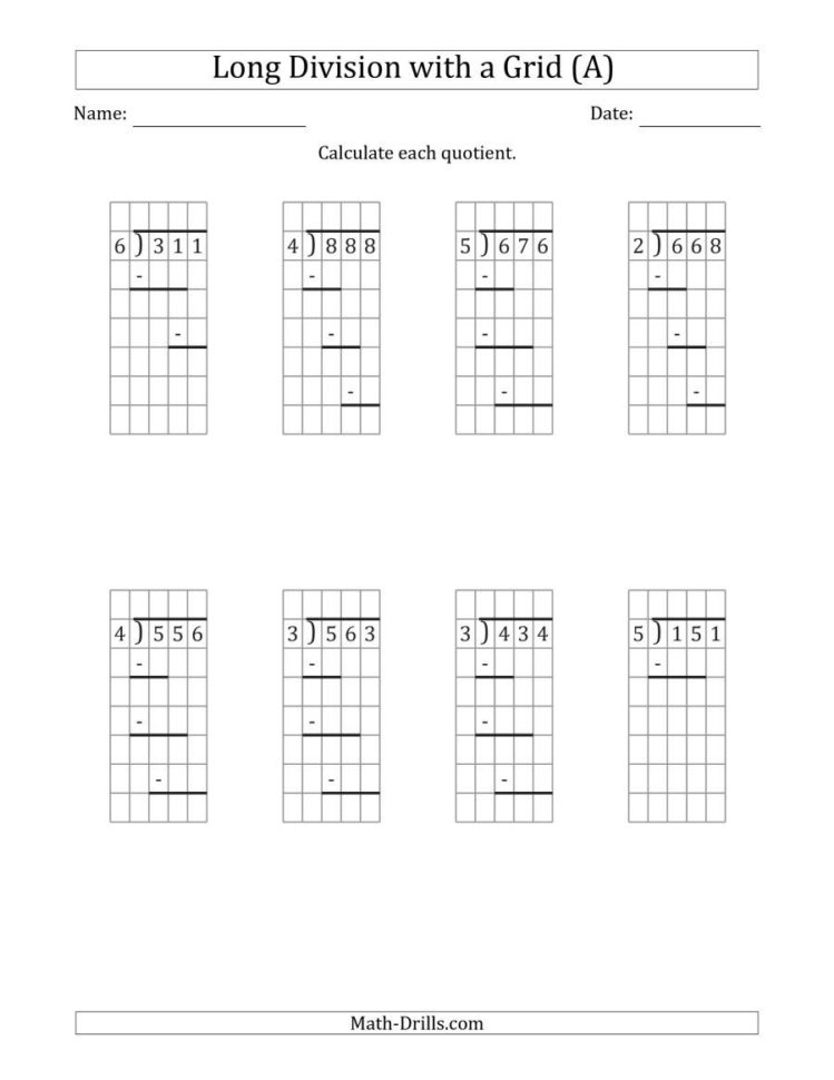 3Digit1Digit Long Division With Remainders With Grid