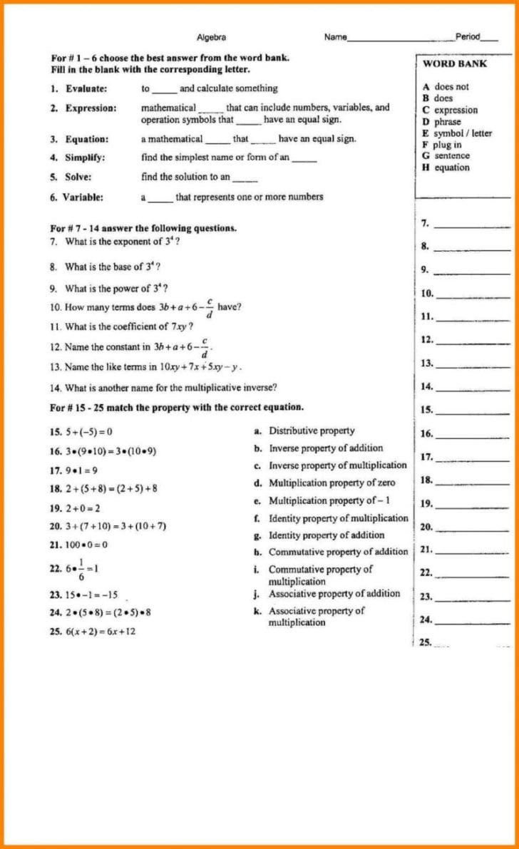 Algebraic Properties Worksheet