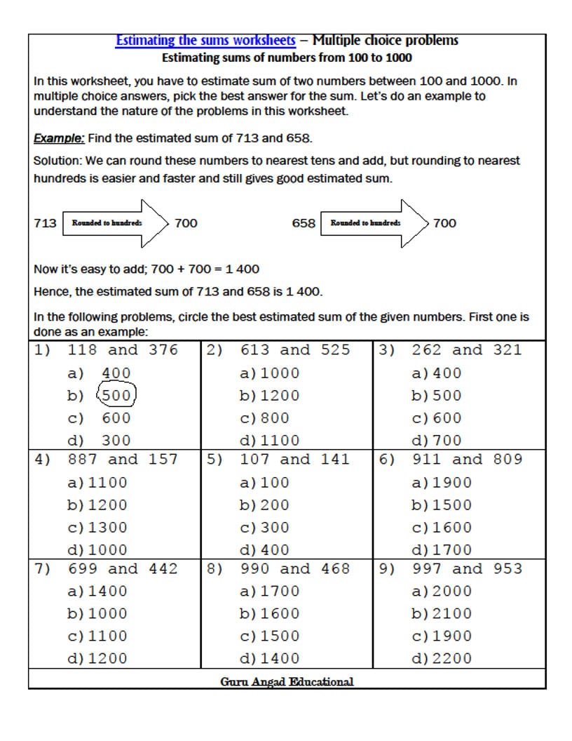 3Rd Grade Math  Estimating Sums Multiple Choice Worksheets