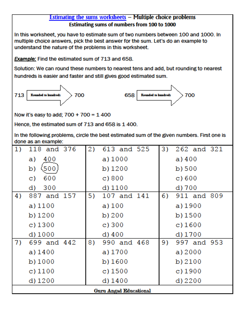 Estimating Worksheets Grade 3