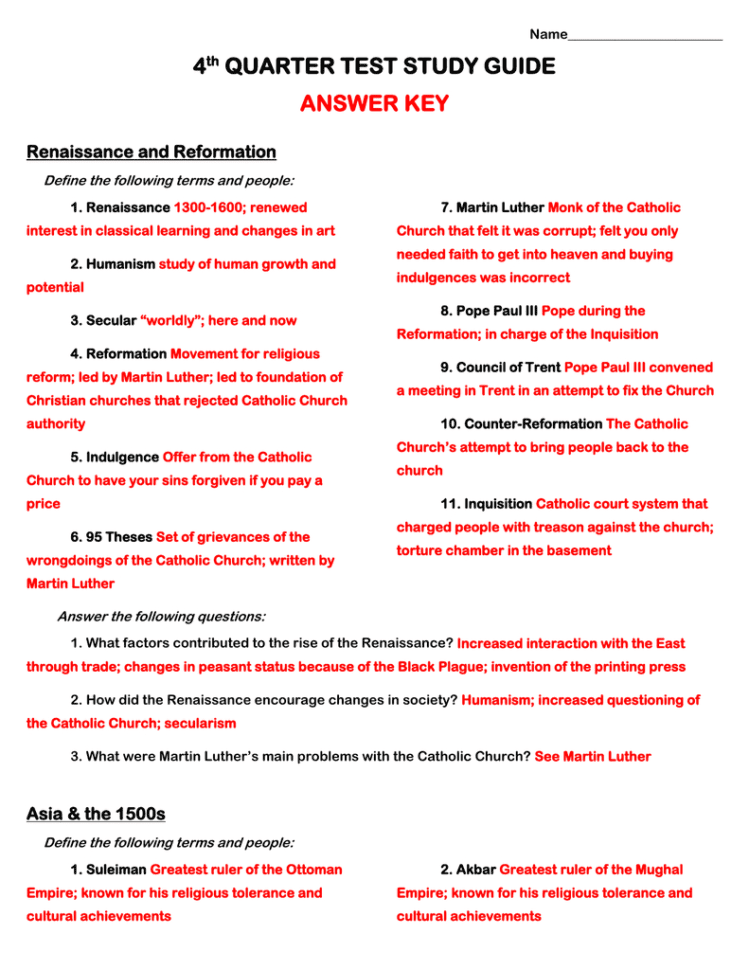 4 Quarter Test Study Guide Answer Key Renaissance And