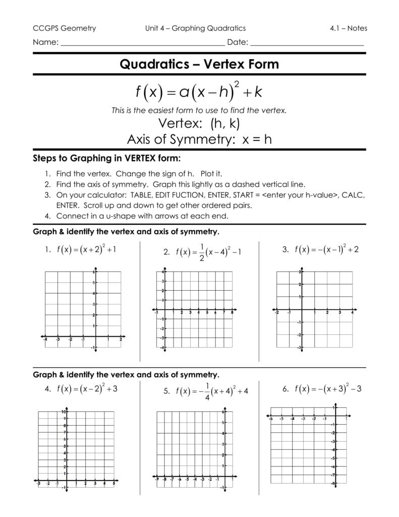 41  Graphing Quadratics In Vertex Form Notes Ef 1