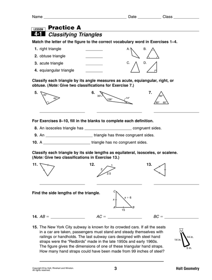 41 Practice A Classifying Triangles