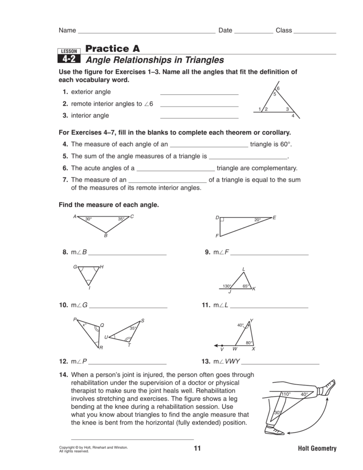 42 Practice A Angle Relationships In Triangles