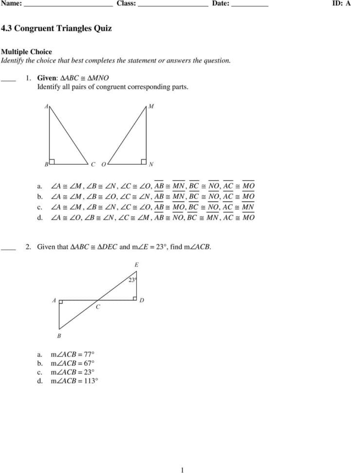 43 Congruent Triangles Quiz  Pdf