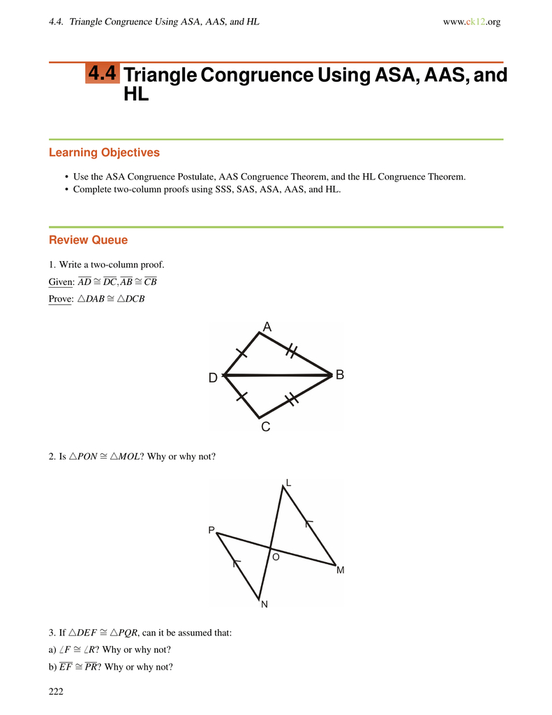 44 Triangle Congruence Using Asa Aas And Hl