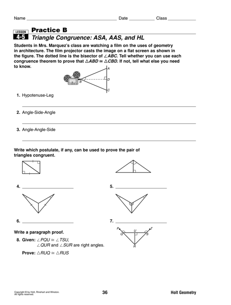 45 Practice B Triangle Congruence Asa Aas And Hl