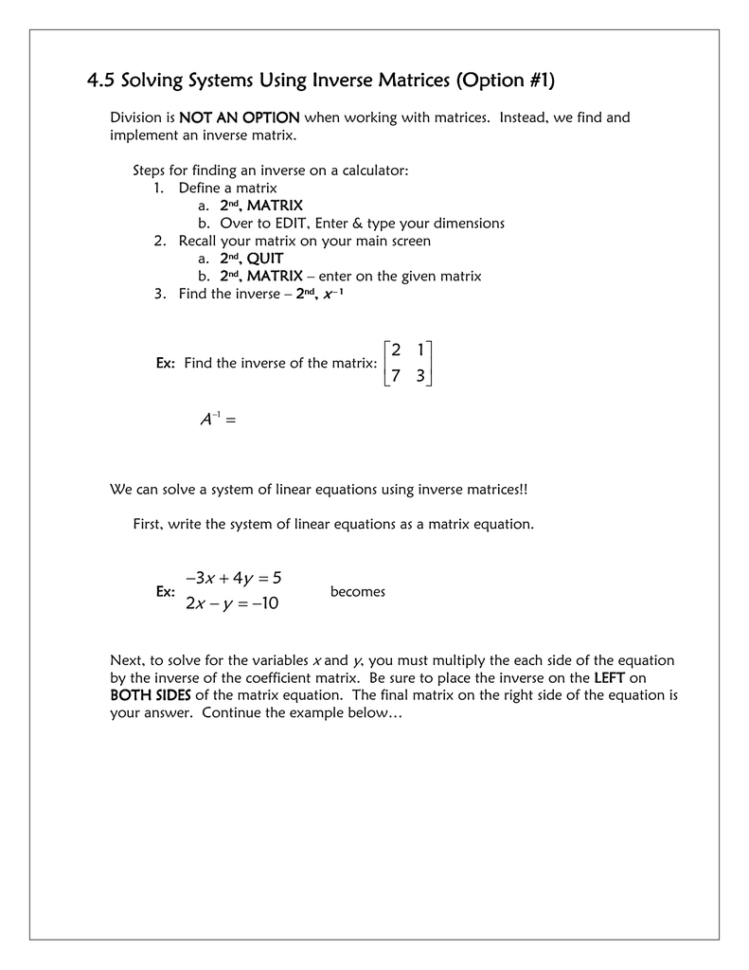 45 Solving Systems Using Inverse Matrices