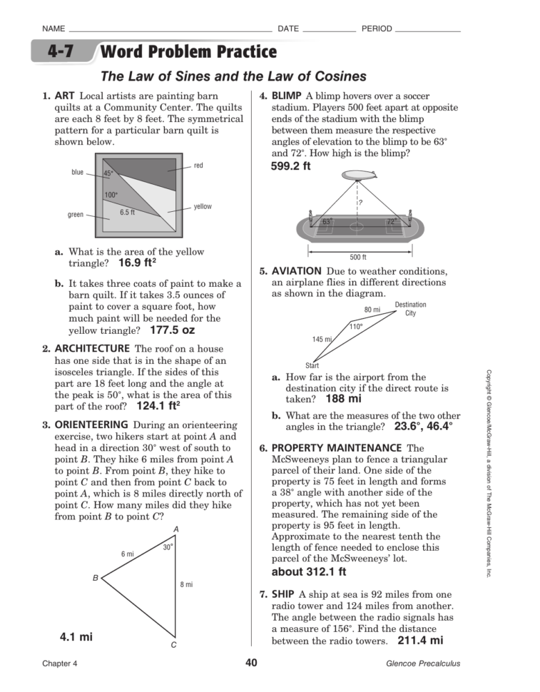 47 Word Problem Practice The Law Of Sines And The Law Of
