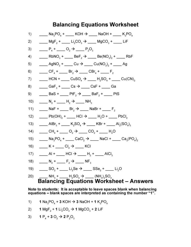 Worksheet Balancing Equations Answer Key