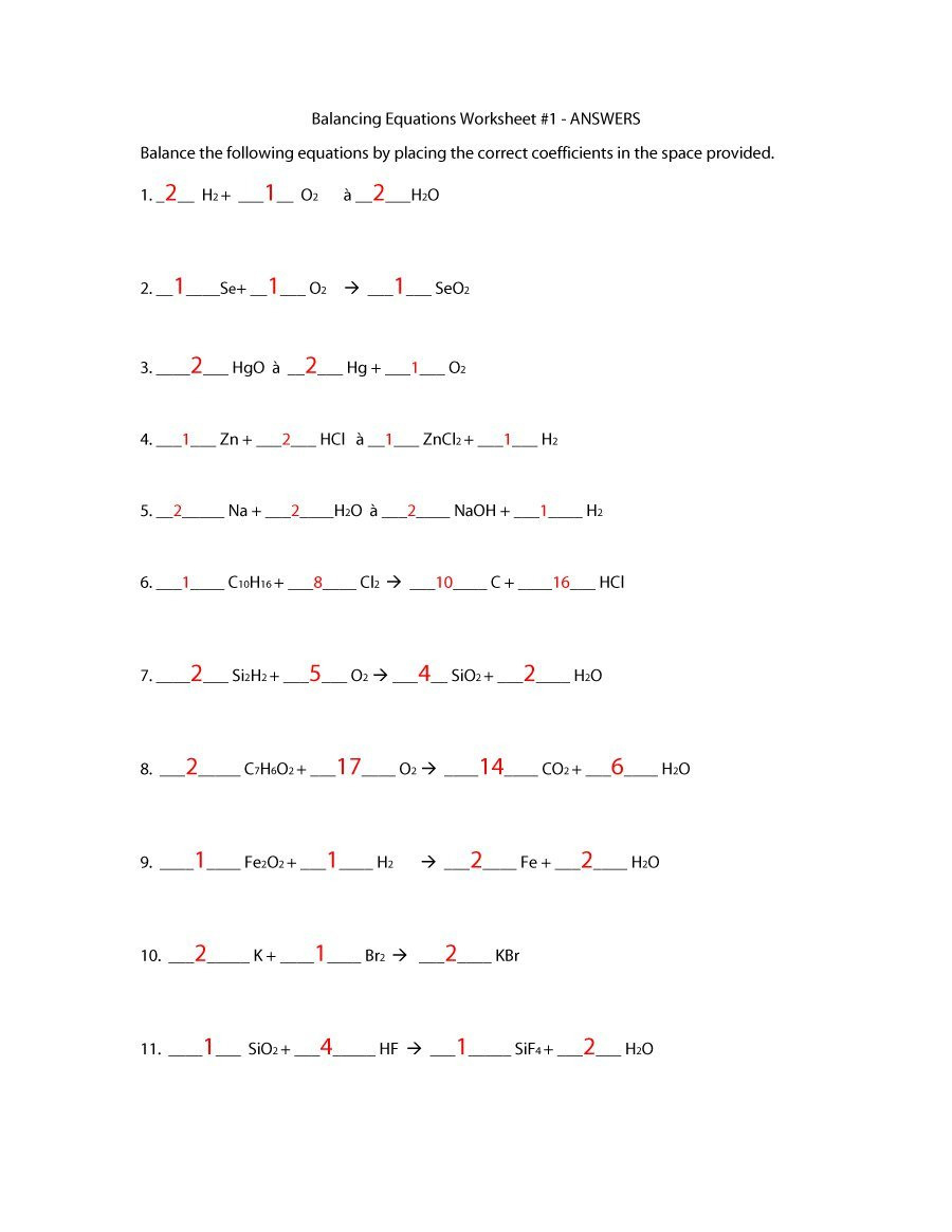 Balancing Chemical Equations Worksheet 1