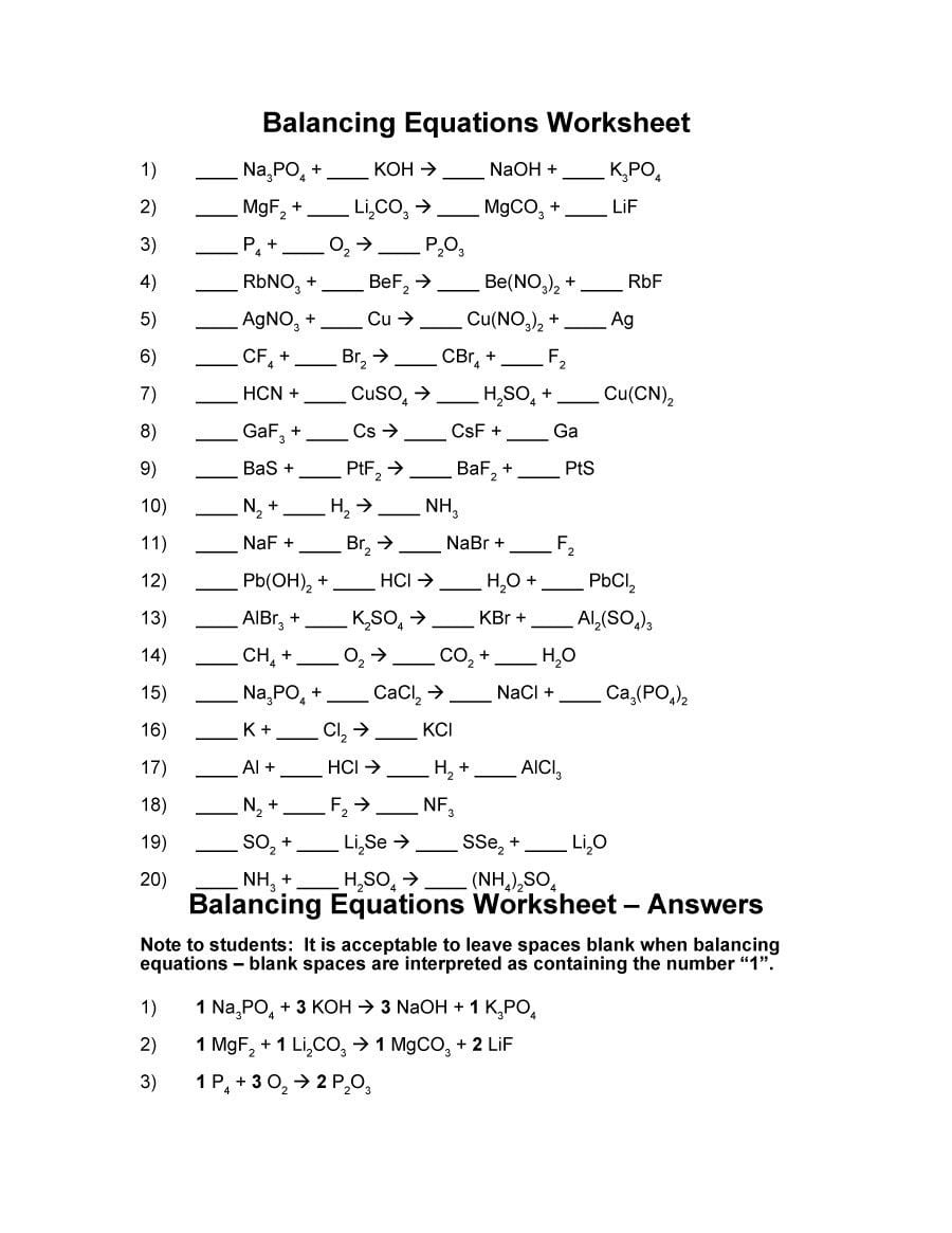 Balancing Equations And Types Of Reactions Worlsheet Key - Balancing