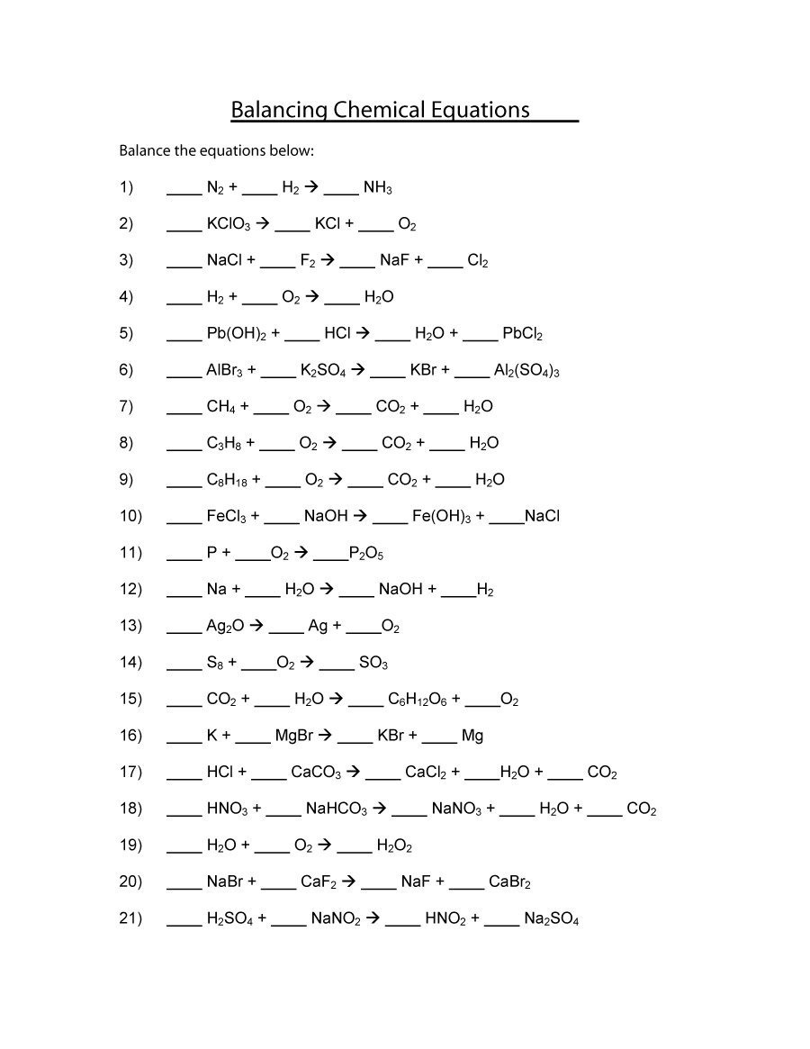 Chemistry Equations Worksheet 1