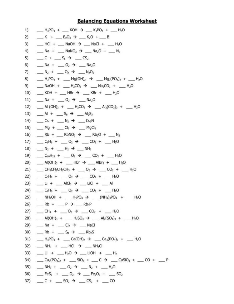 Chemistry Balancing Chemical Equations Worksheet Answer ...