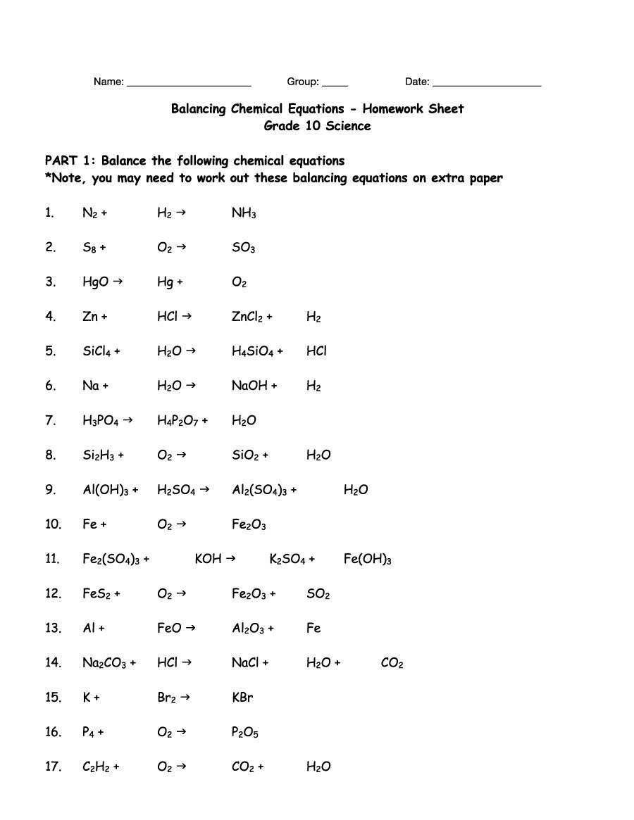 Balancing Chemical Equations Worksheet With Answers Grade 10 | db-excel.com