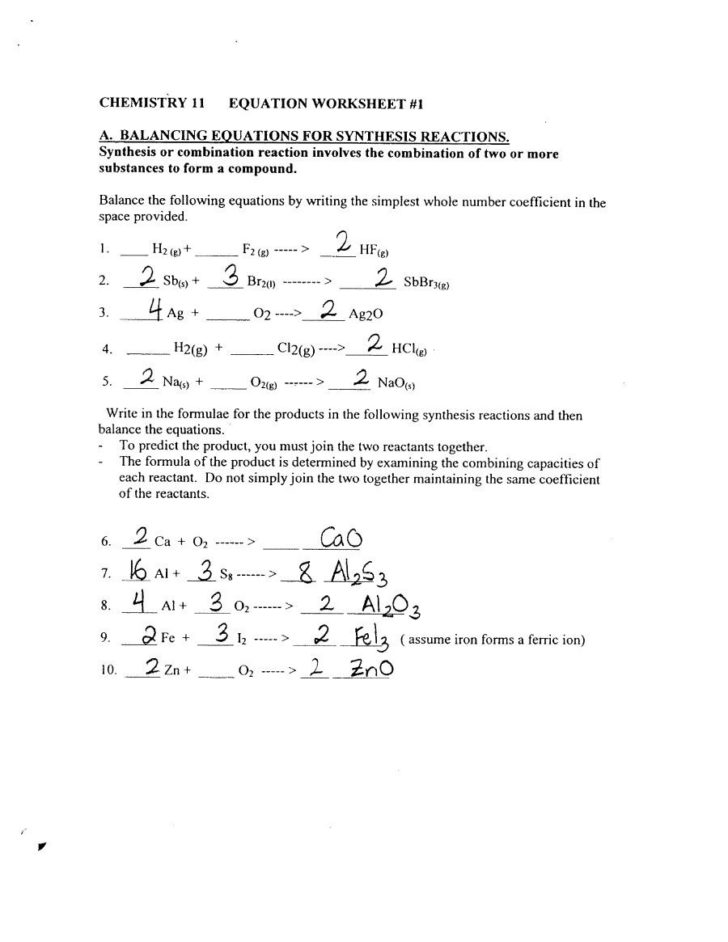 Five Types Of Chemical Reaction Worksheet