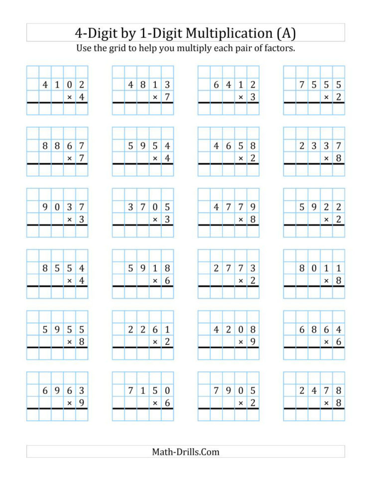 4Digit1Digit Multiplication With Grid Support A