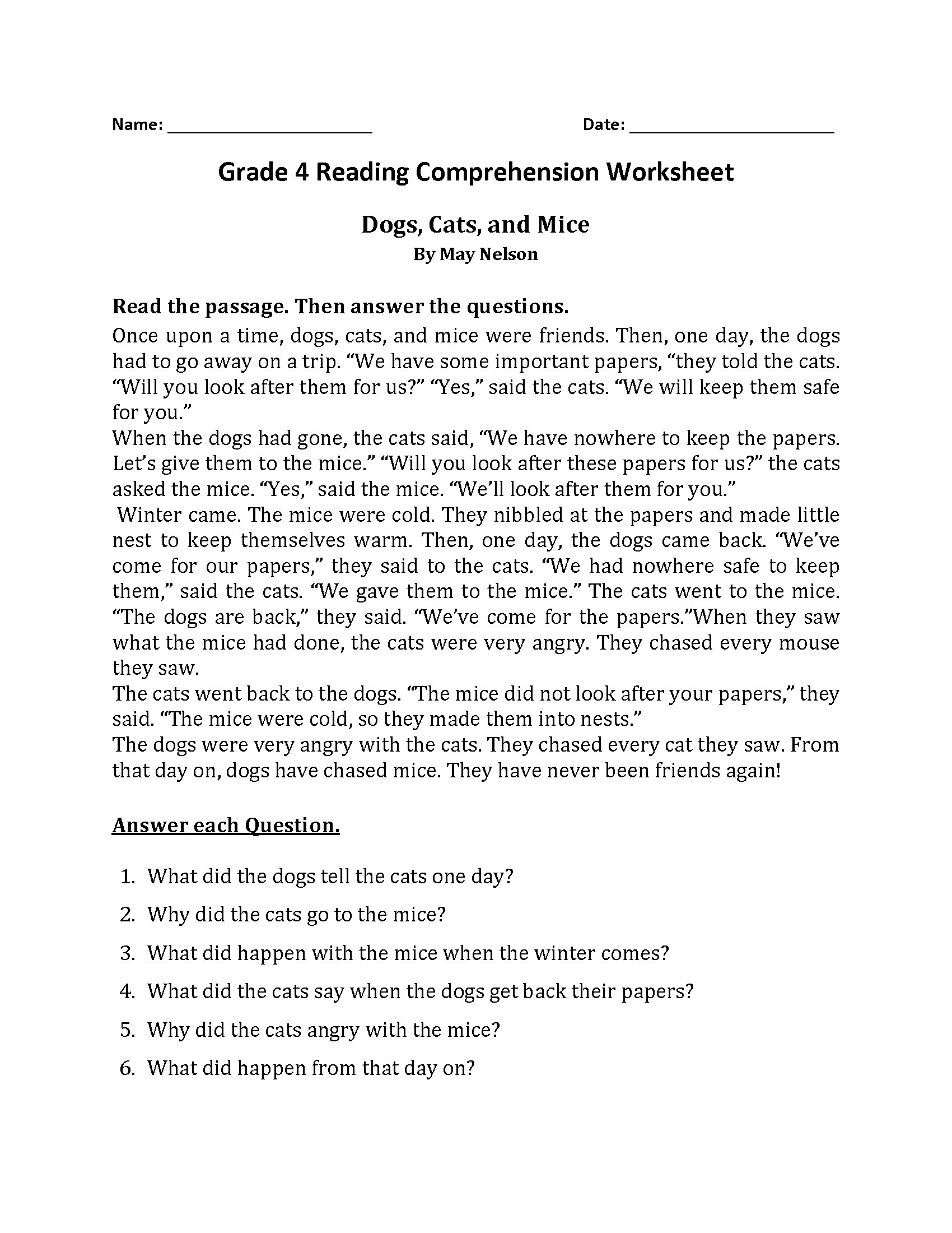 4Th Grade Reading Comprehension Worksheets  Best Coloring