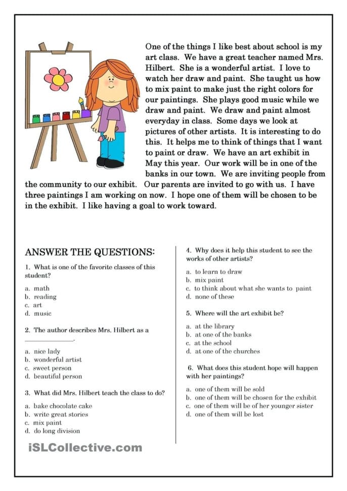 4Th Grade Reading Comprehension Worksheets Multiple Choice