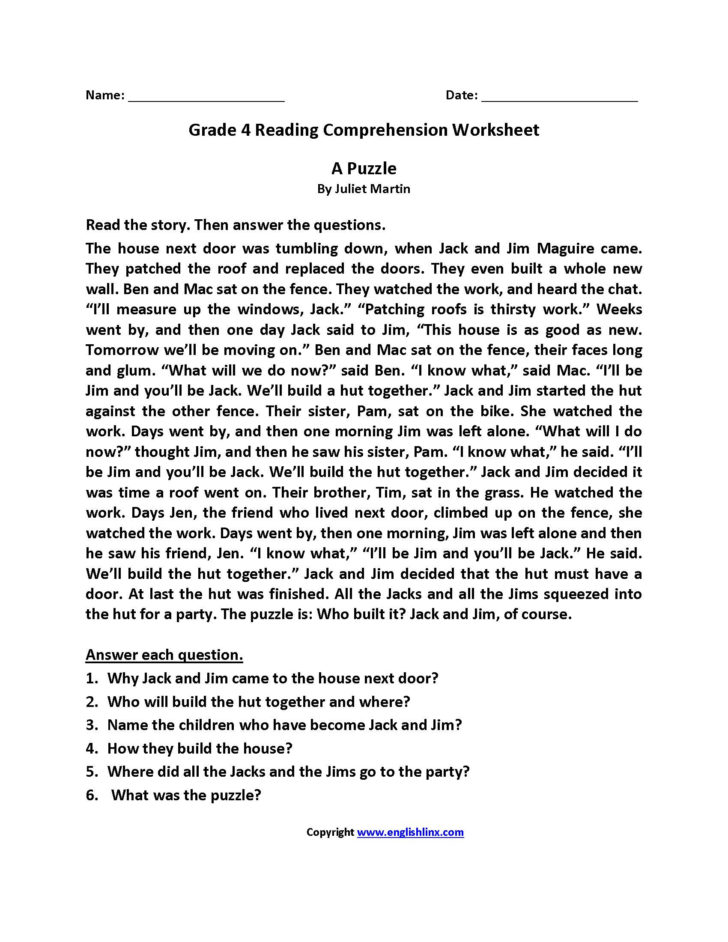 Comprehension Worksheets For Grade 5