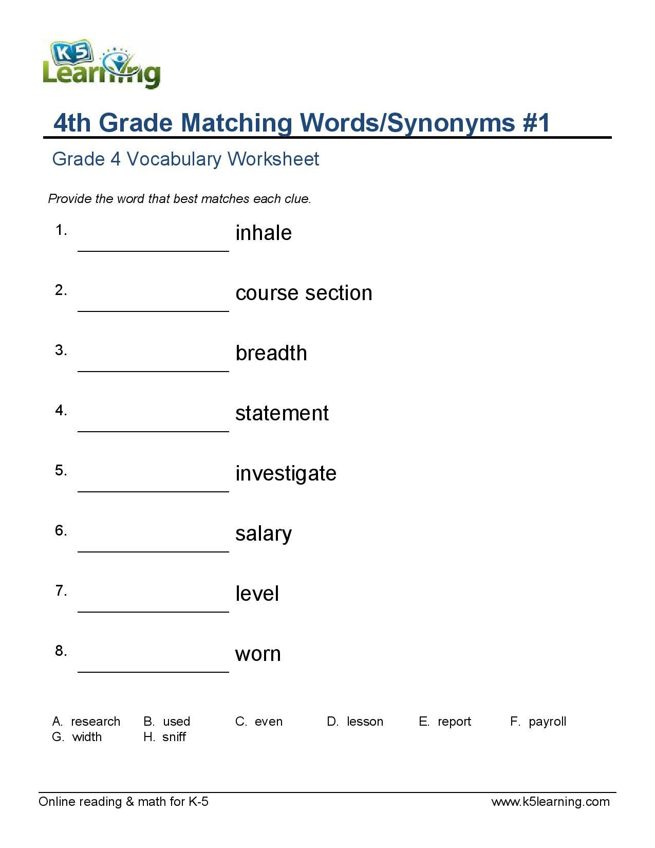 4Th Grade Vocabulary Worksheets For Printable  Math