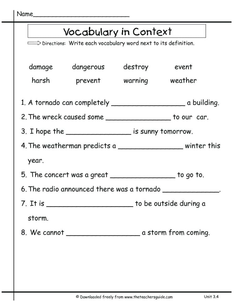 4Th Grade Vocabulary Worksheets To Free  Math Worksheet For